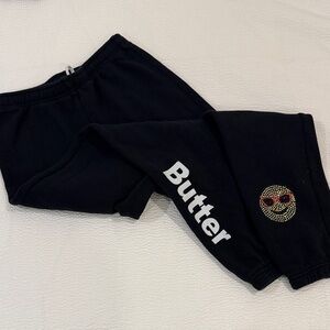 Butter Black Kids Sweatpants with Smiley Rhinestone Accent
